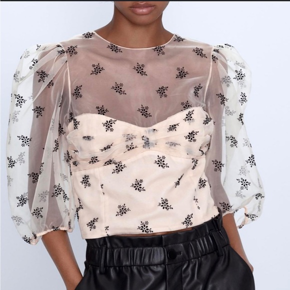 Zara Tops - Zara Sheer Floral Blouse - Black and Cream